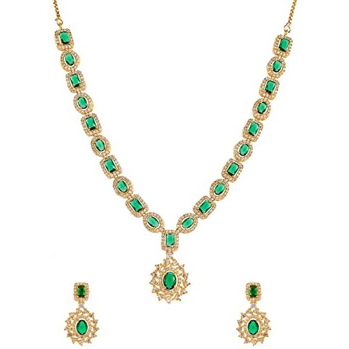 VOYLLA VoyllaSparkling Elegance Cluster Setting Round and Oval Cut CZ Brass Gold Plated Jewellery Set