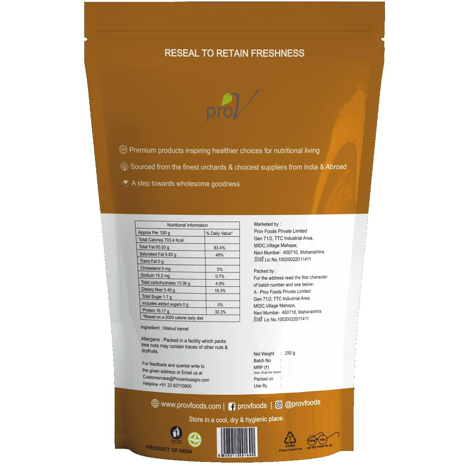 ProV Premium - Walnut Extra Light Halves 250 gm| Walnut Kernels (Akhrot Giri)| Rich In Omega3| Dry fruits & Nuts| Crunchy & Crisp Walnuts | Chef Sanjeev Kapoors Choice Brand