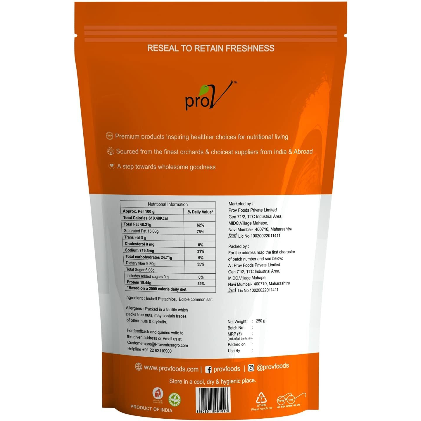 ProV Premium - Pistachio California Roasted & Salted 250 gm| Tasty and Healthy| Whole Rich of Nutritions|Perfectly Salted| Chef Sanjeev Kappors Choice Brand