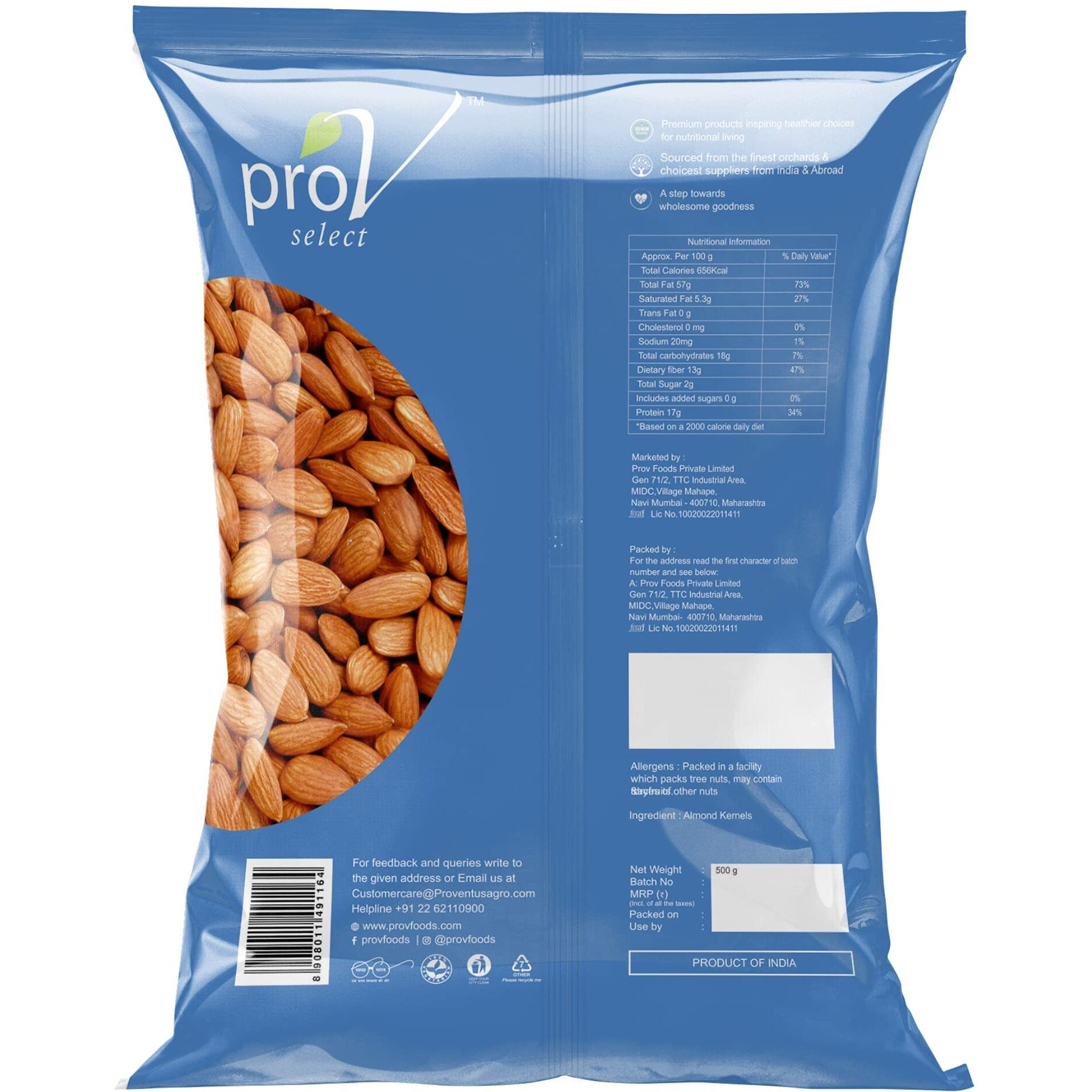 ProV Select - Almond 500 gm | Raw Badam Dry Fruit | High Protein Snack and Super Healthy Nuts | Amazing Quality Alomond | Sourced from California | Crunchy and Fresh taste | Chef Sanjeev Kapoor Choice Brand |