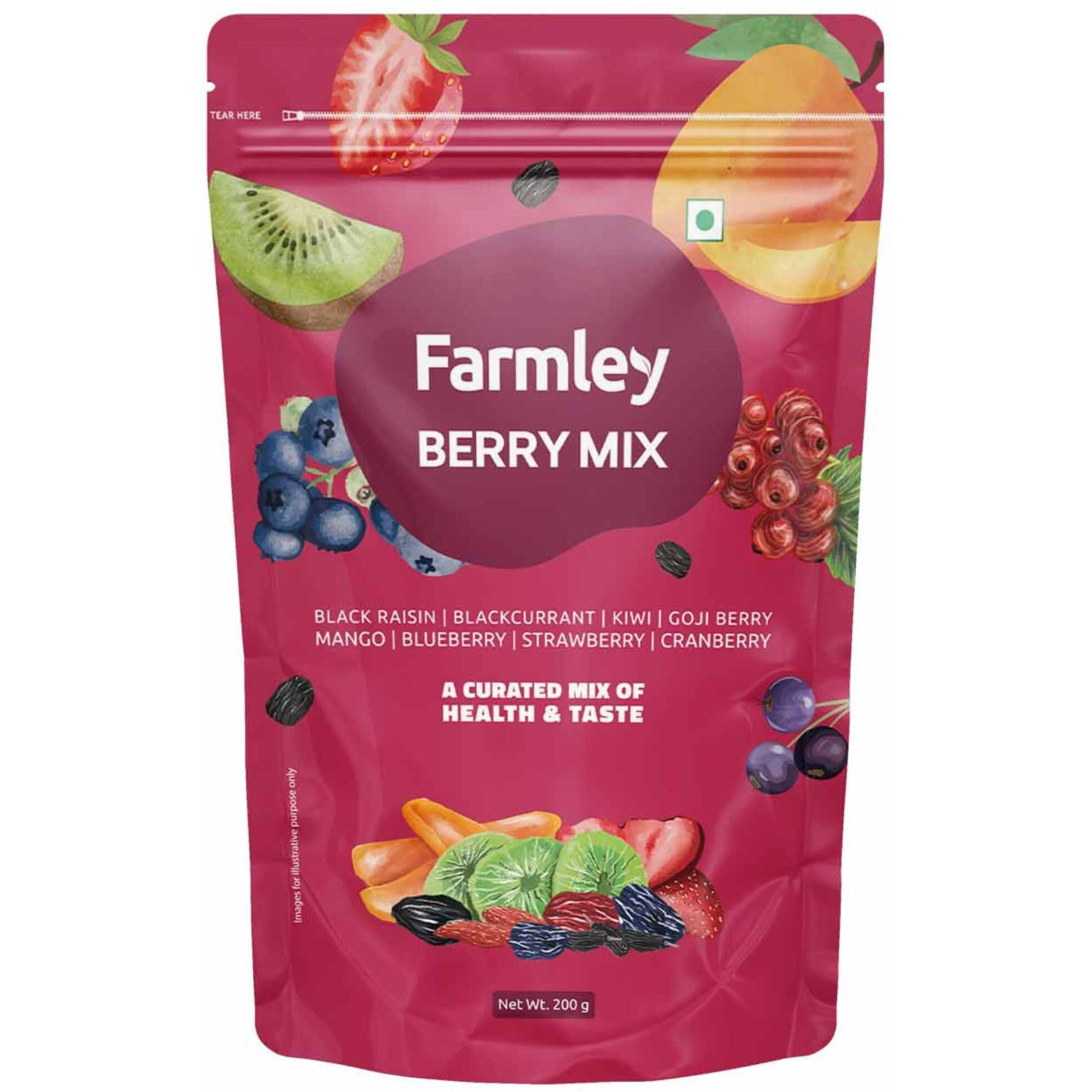 Farmley Berries Mix I 200g | 8-In-1 Healthly Snacks Contains Cranberry,Black Raisins,Strawberry,Black Currant & More (Pack of 1)