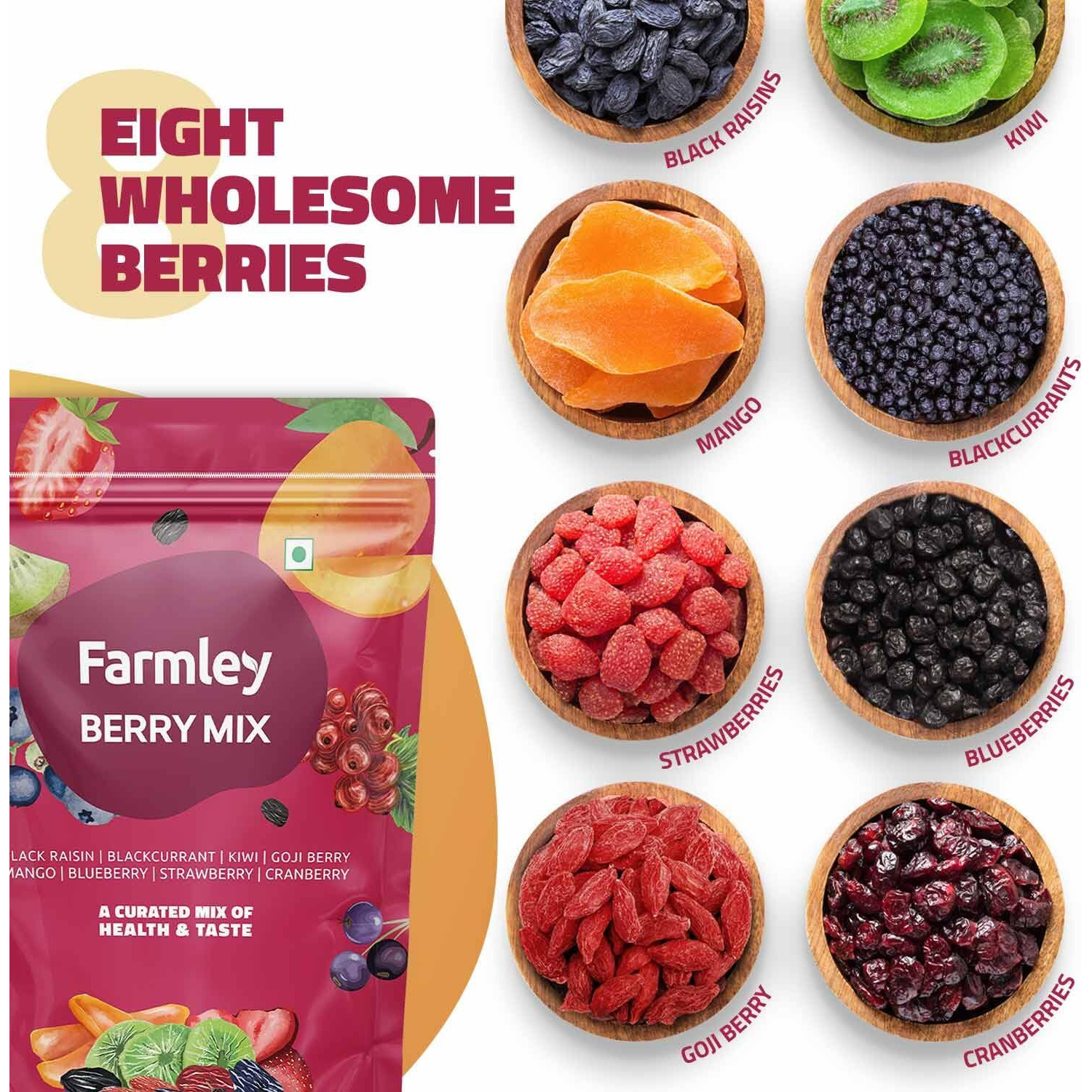Farmley Berries Mix I 200g | 8-In-1 Healthly Snacks Contains Cranberry,Black Raisins,Strawberry,Black Currant & More (Pack of 1)