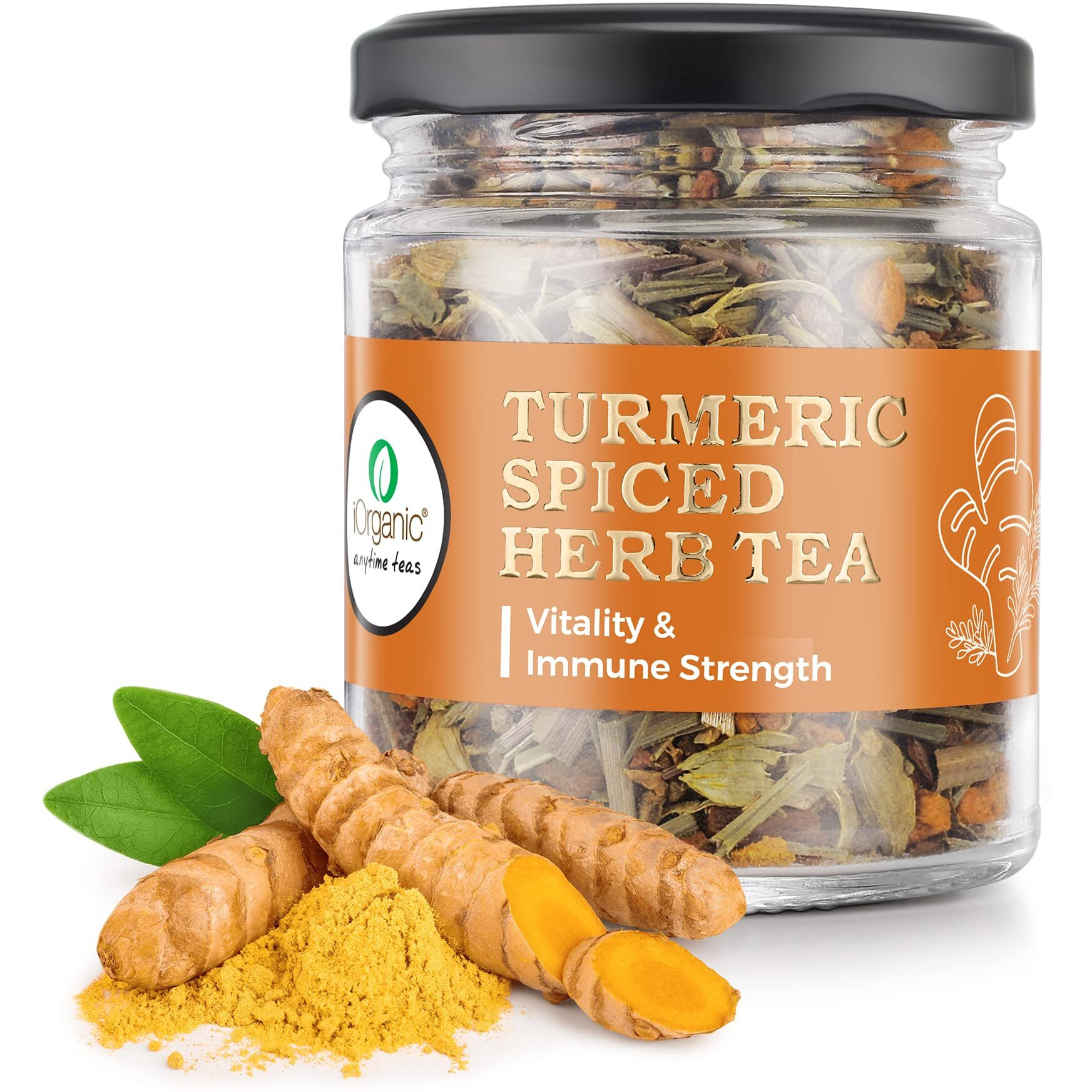 iOrganic Turmeric Spiced Herb Tea | Organic Herbal Immunity Booster | Caffeine Free Chai with blend of Turmeric | Black Pepper, lemongrass and Bergamot Extracts for Immune Strength - (75g)
