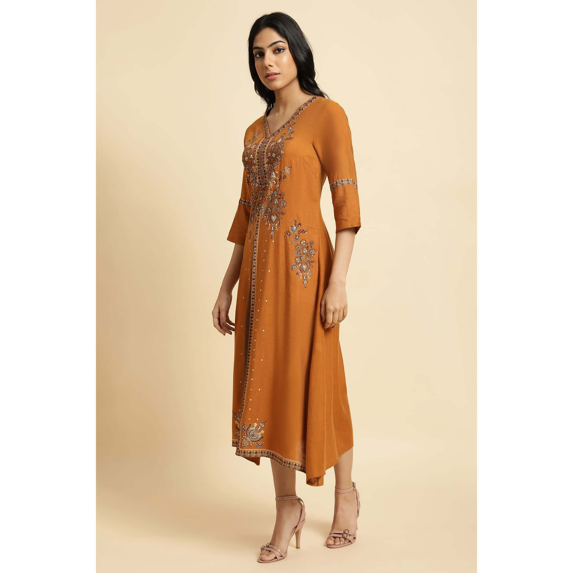 W for Woman Dark Yellow Printed Plus Size Godget Dress_23FEW18159G-118737_4XL