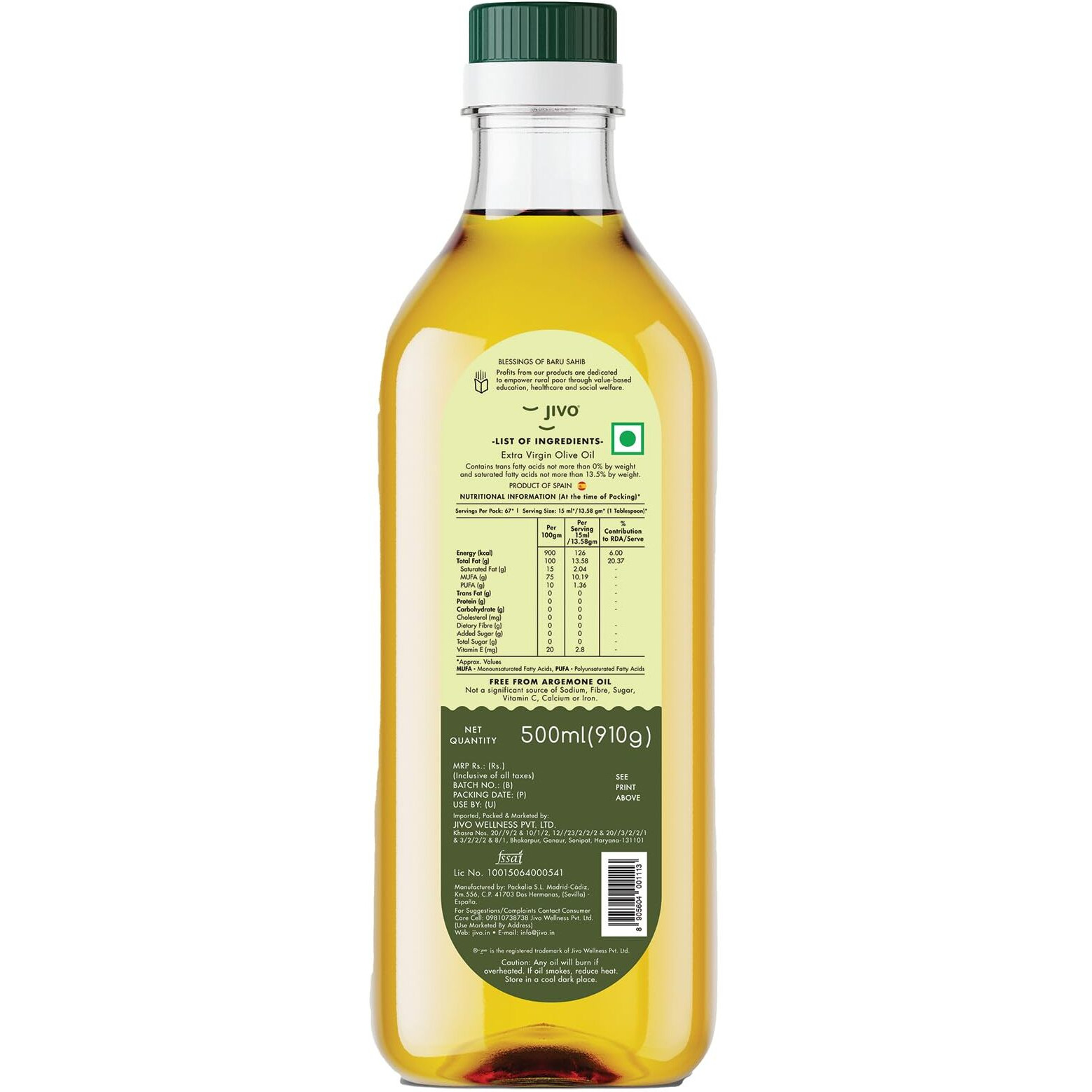 Jivo Extra Virgin Olive Oil 500 ml | Contains Vitamin E | Low in Saturated Fat | Natural and Cold Pressed Cooking Oil, for Dressings, Salad and Soups, Dips & Marinades Glass Bottle