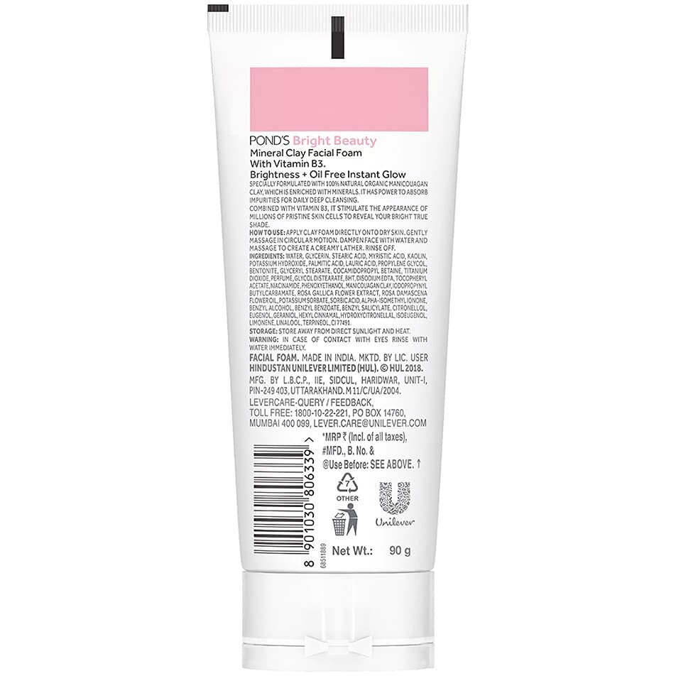PONDS Bright Beauty Mineral Clay Vitamin B3, 4X Oil Absorbing, Brightening, For Oil Free Instant Glow, Face Wash 90 g