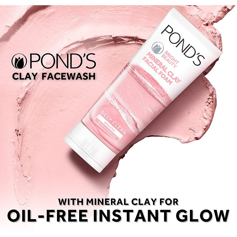PONDS Bright Beauty Mineral Clay Vitamin B3, 4X Oil Absorbing, Brightening, For Oil Free Instant Glow, Face Wash 90 g