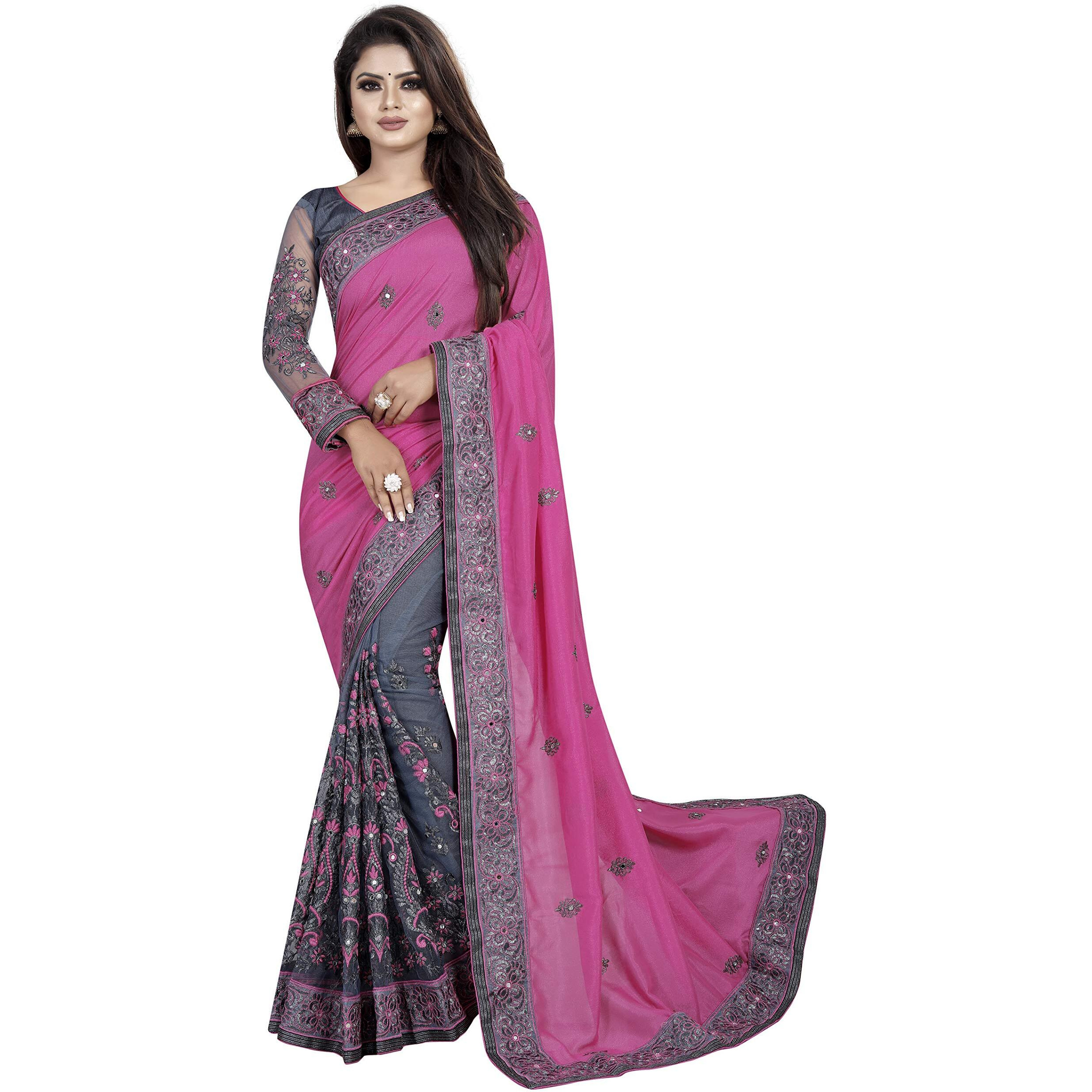 B BELLA CREATION Woven Blend Womens Vichitra Silk & Net Saree with Banglori Silk Blouse Piece (Pink and Grey) (B Bella Lycra