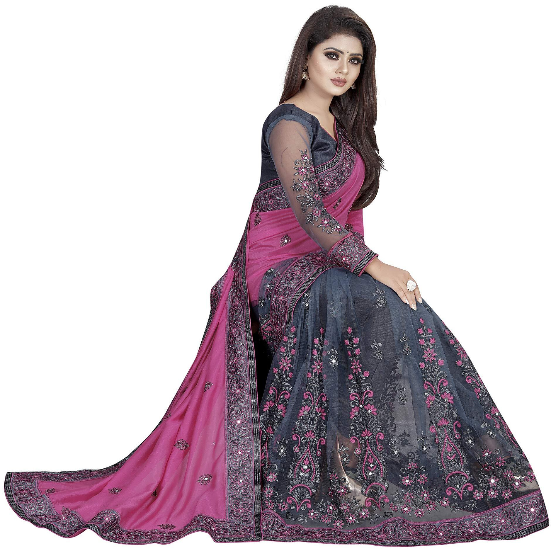 B BELLA CREATION Woven Blend Womens Vichitra Silk & Net Saree with Banglori Silk Blouse Piece (Pink and Grey) (B Bella Lycra