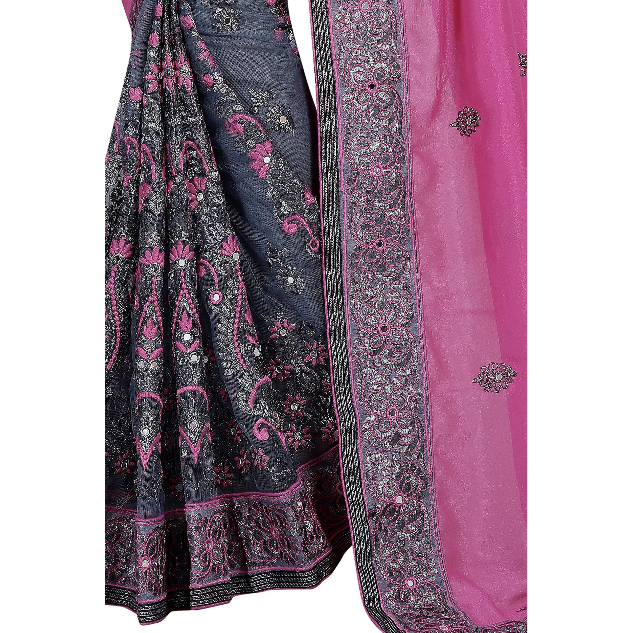 B BELLA CREATION Woven Blend Womens Vichitra Silk & Net Saree with Banglori Silk Blouse Piece (Pink and Grey) (B Bella Lycra