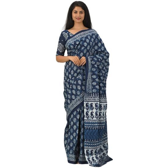 JALTHER Handicrafts Womens Ikat Hand Block Print Jaipuri Cotton Mulmul Saree with Blouse Piece - Blue_35