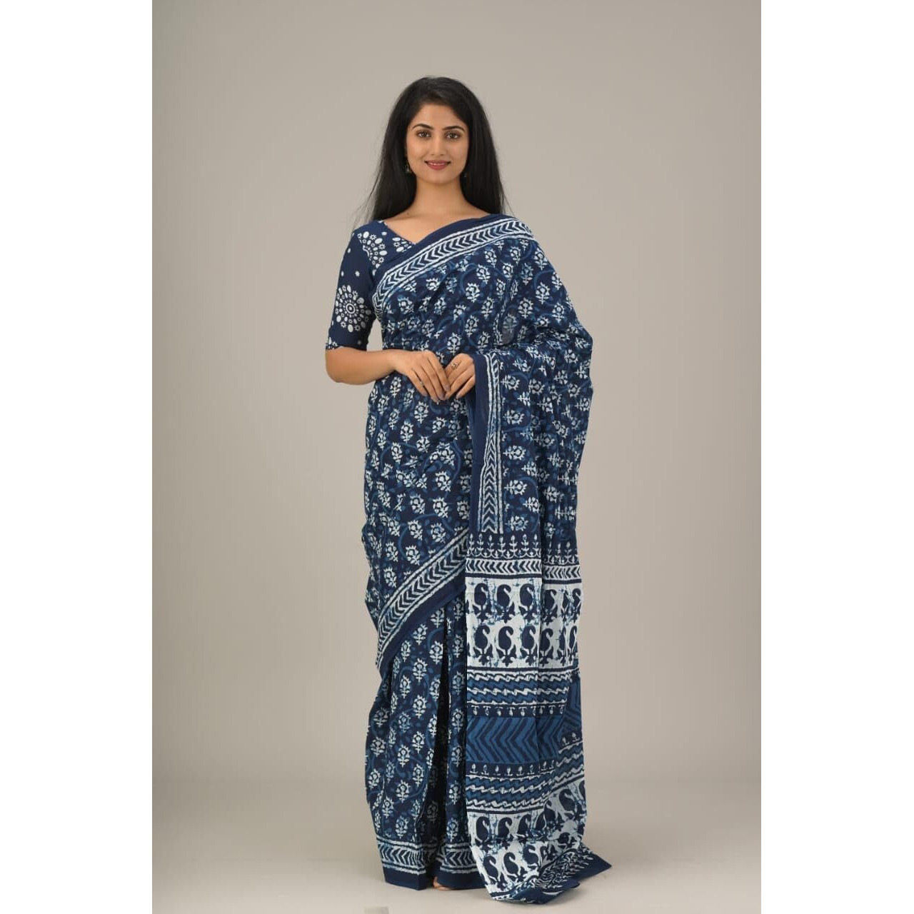 JALTHER Handicrafts Womens Ikat Hand Block Print Jaipuri Cotton Mulmul Saree with Blouse Piece - Blue_35