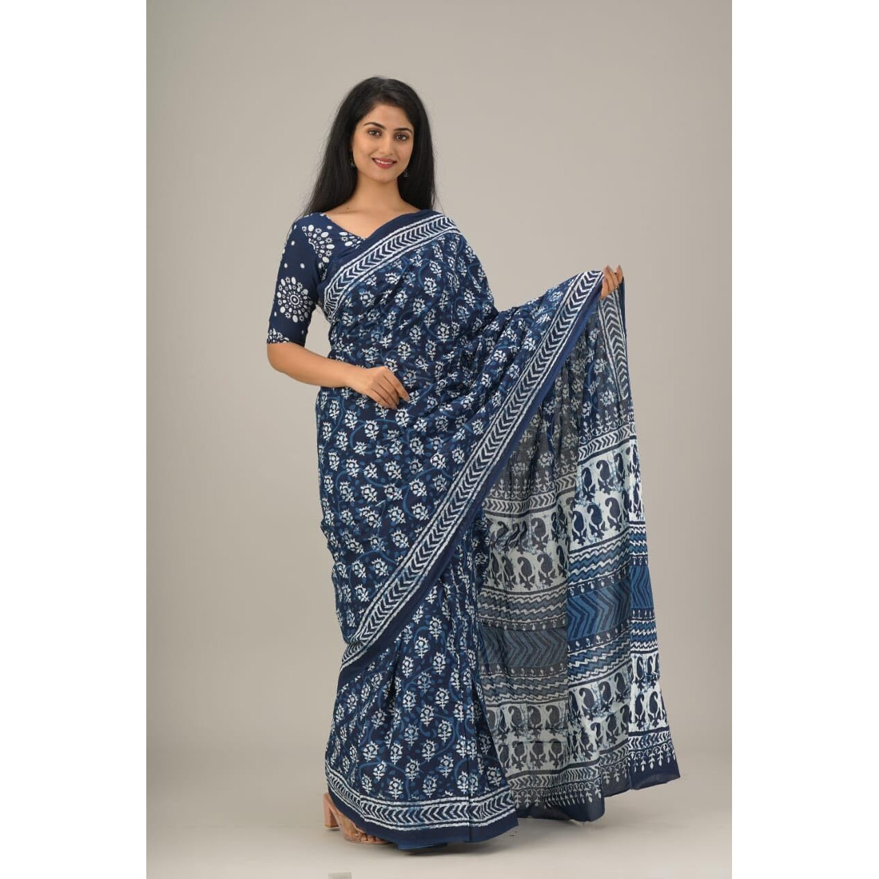 JALTHER Handicrafts Womens Ikat Hand Block Print Jaipuri Cotton Mulmul Saree with Blouse Piece - Blue_35