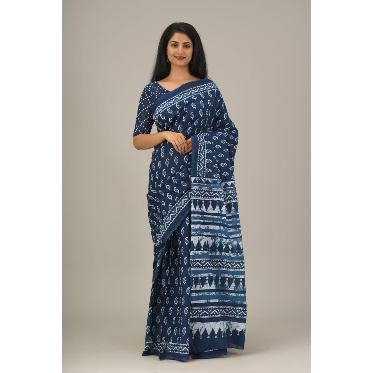 JALTHER Handicrafts Womens Ikat Hand Block Print Jaipuri Cotton Mulmul Saree with Blouse Piece -Blue_33