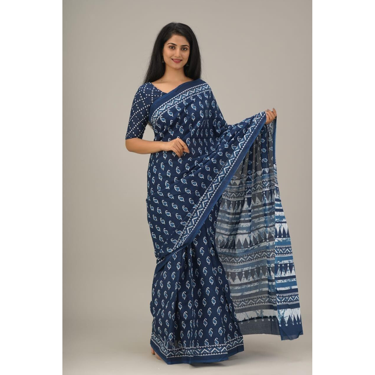 JALTHER Handicrafts Womens Ikat Hand Block Print Jaipuri Cotton Mulmul Saree with Blouse Piece -Blue_33