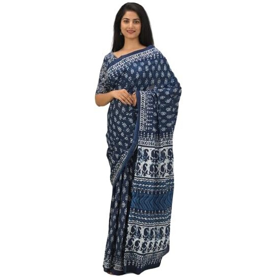 JALTHER Handicrafts Womens Ikat Hand Block Print Jaipuri Cotton Mulmul Saree with Blouse Piece - Blue_36