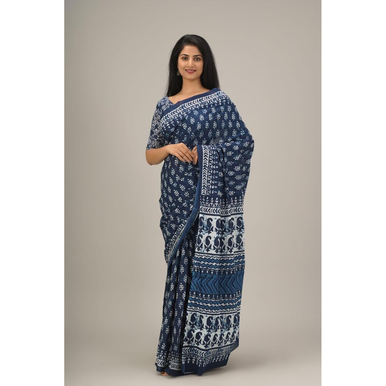 JALTHER Handicrafts Womens Ikat Hand Block Print Jaipuri Cotton Mulmul Saree with Blouse Piece - Blue_36
