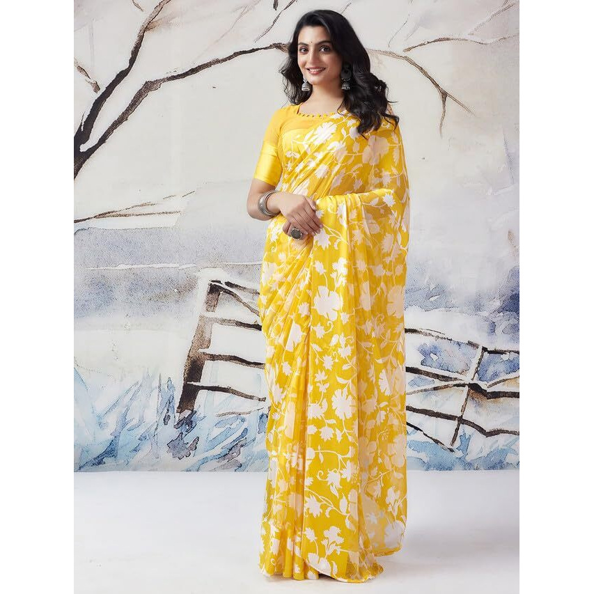 Satrani Womens Pure Georgette Saree (3633S105N_Yellow)