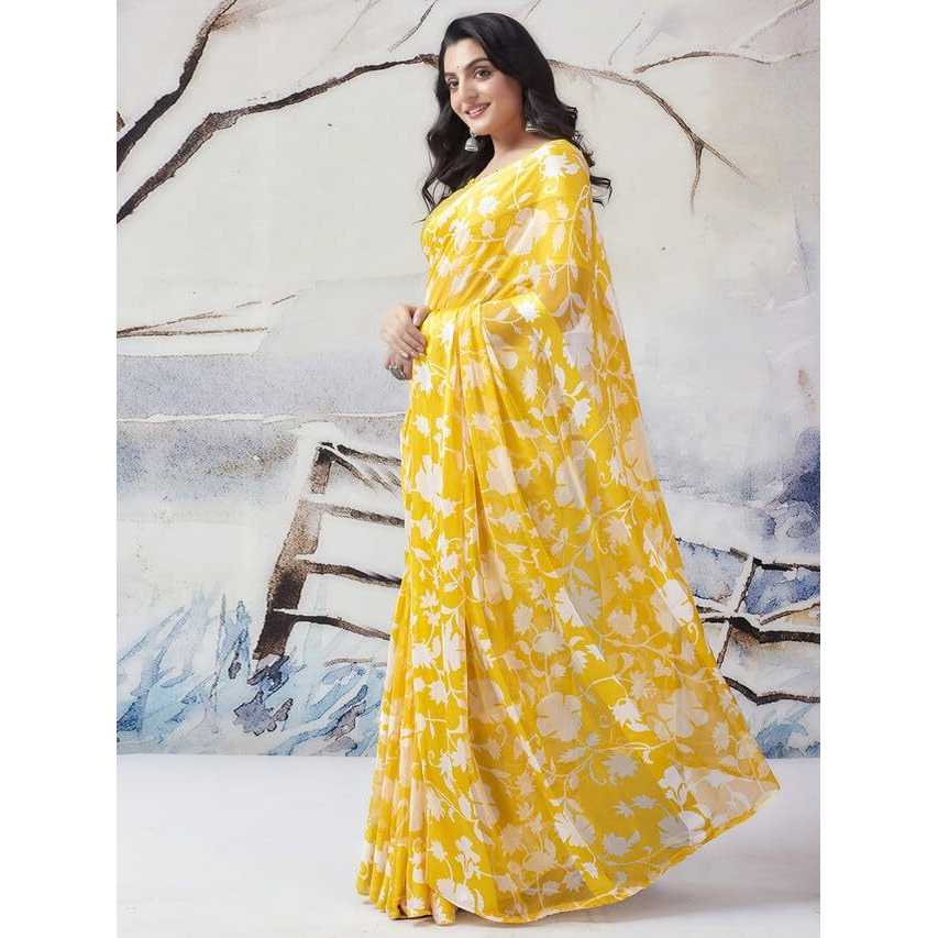 Satrani Womens Pure Georgette Saree (3633S105N_Yellow)