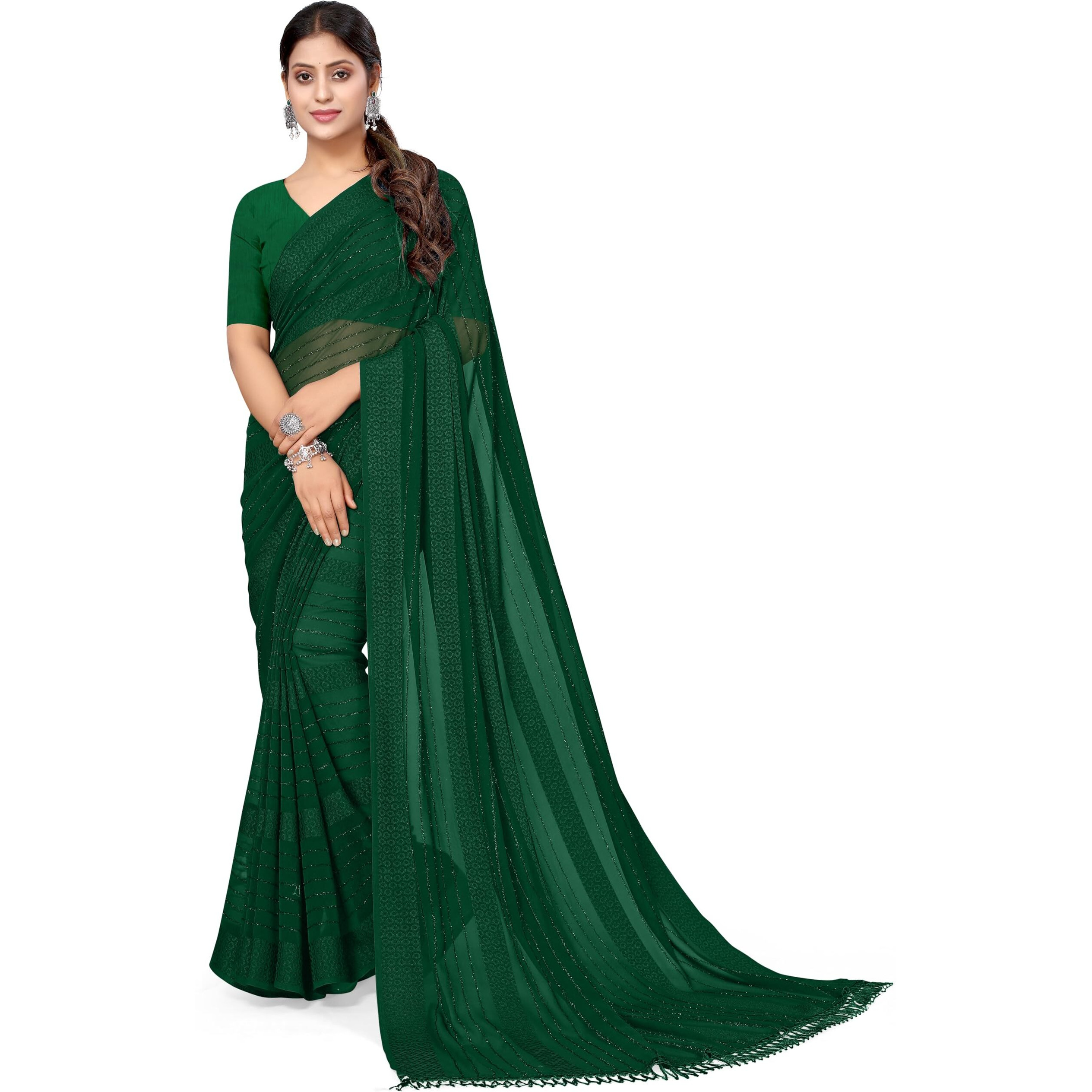MIRCHI FASHION Womens Georgette Solid Saree with Blouse Piece (40174-Green)