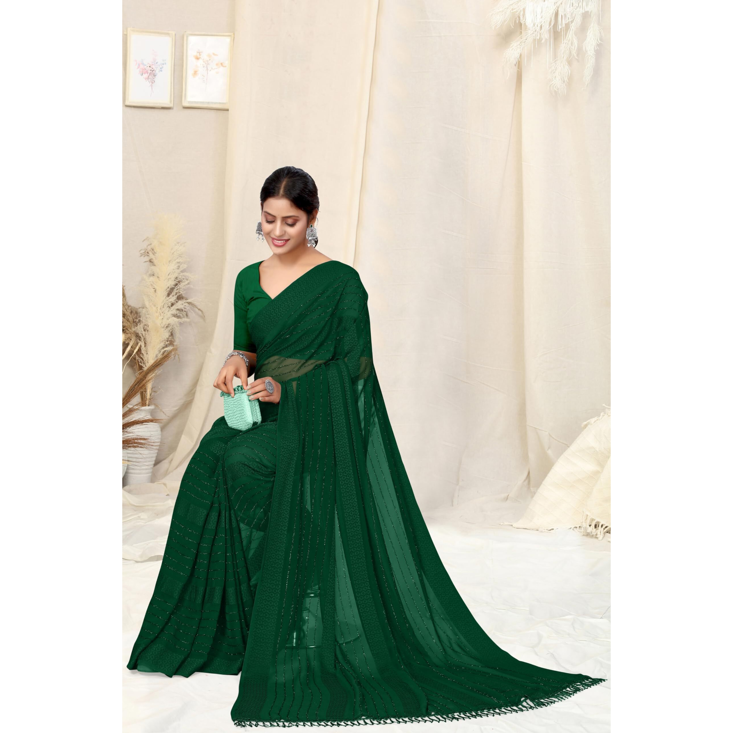 MIRCHI FASHION Womens Georgette Solid Saree with Blouse Piece (40174-Green)