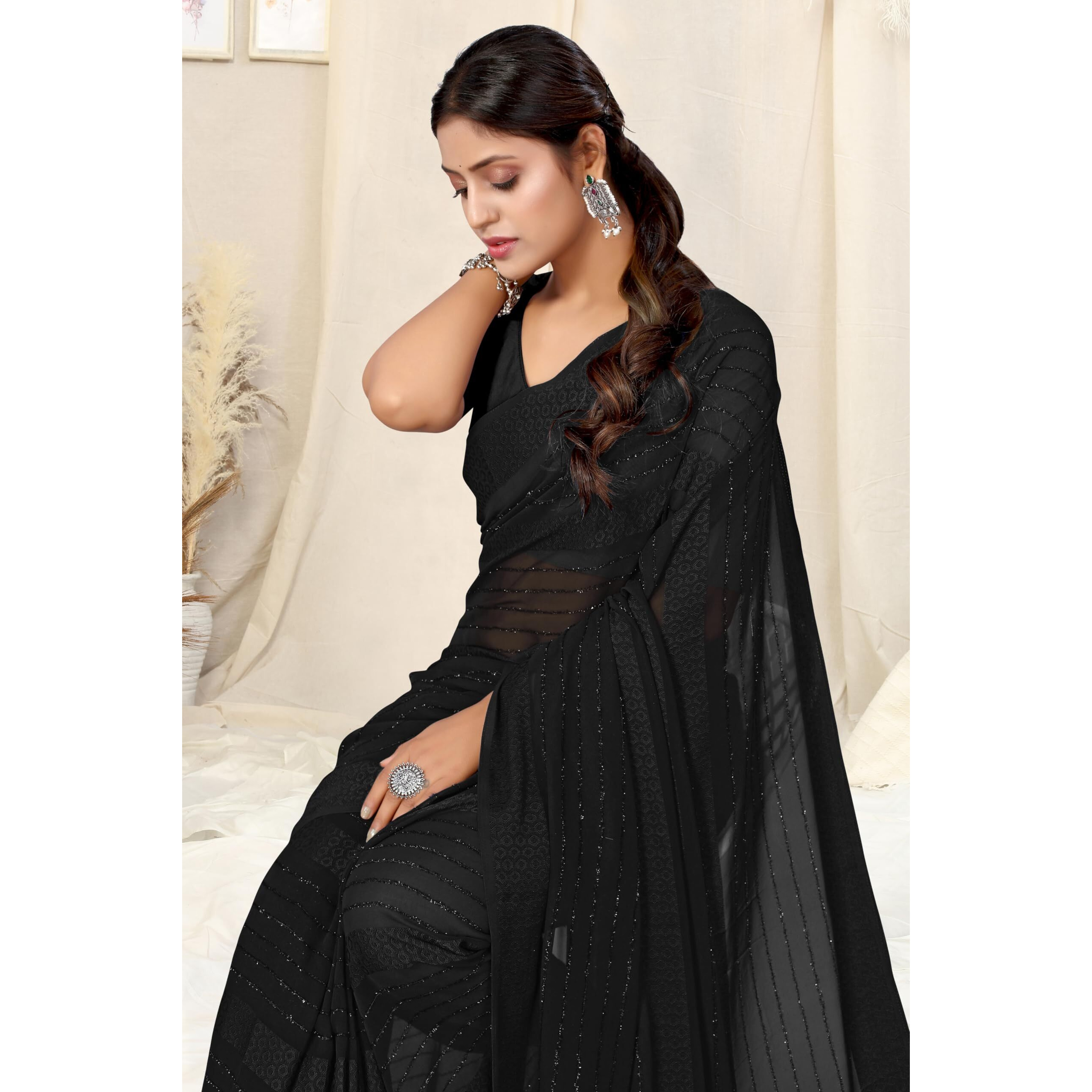 MIRCHI FASHION Womens Georgette Solid Saree with Blouse Piece (40171-Black)