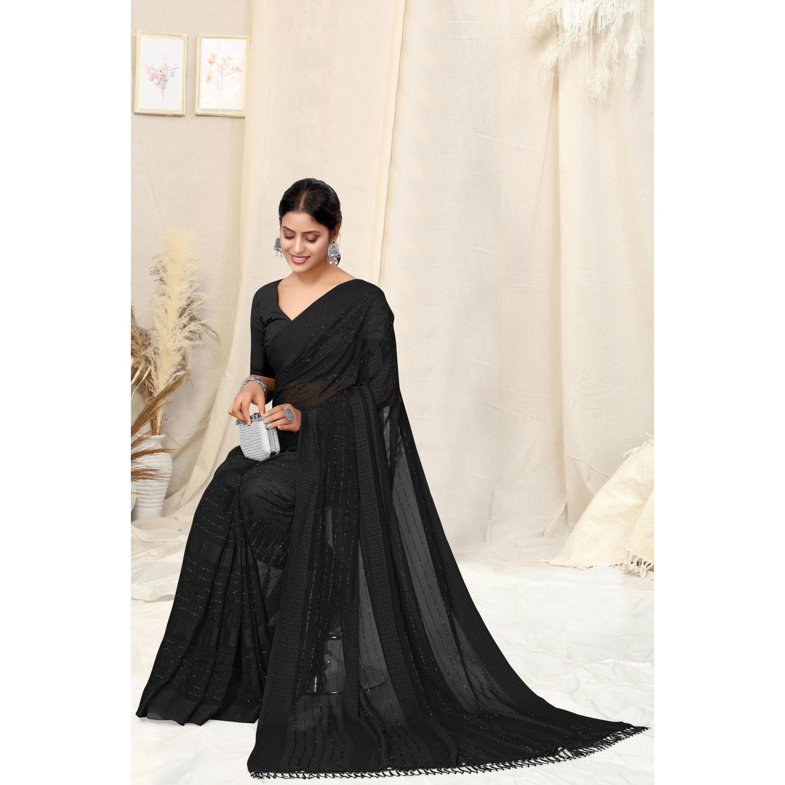 MIRCHI FASHION Womens Georgette Solid Saree with Blouse Piece (40171-Black)