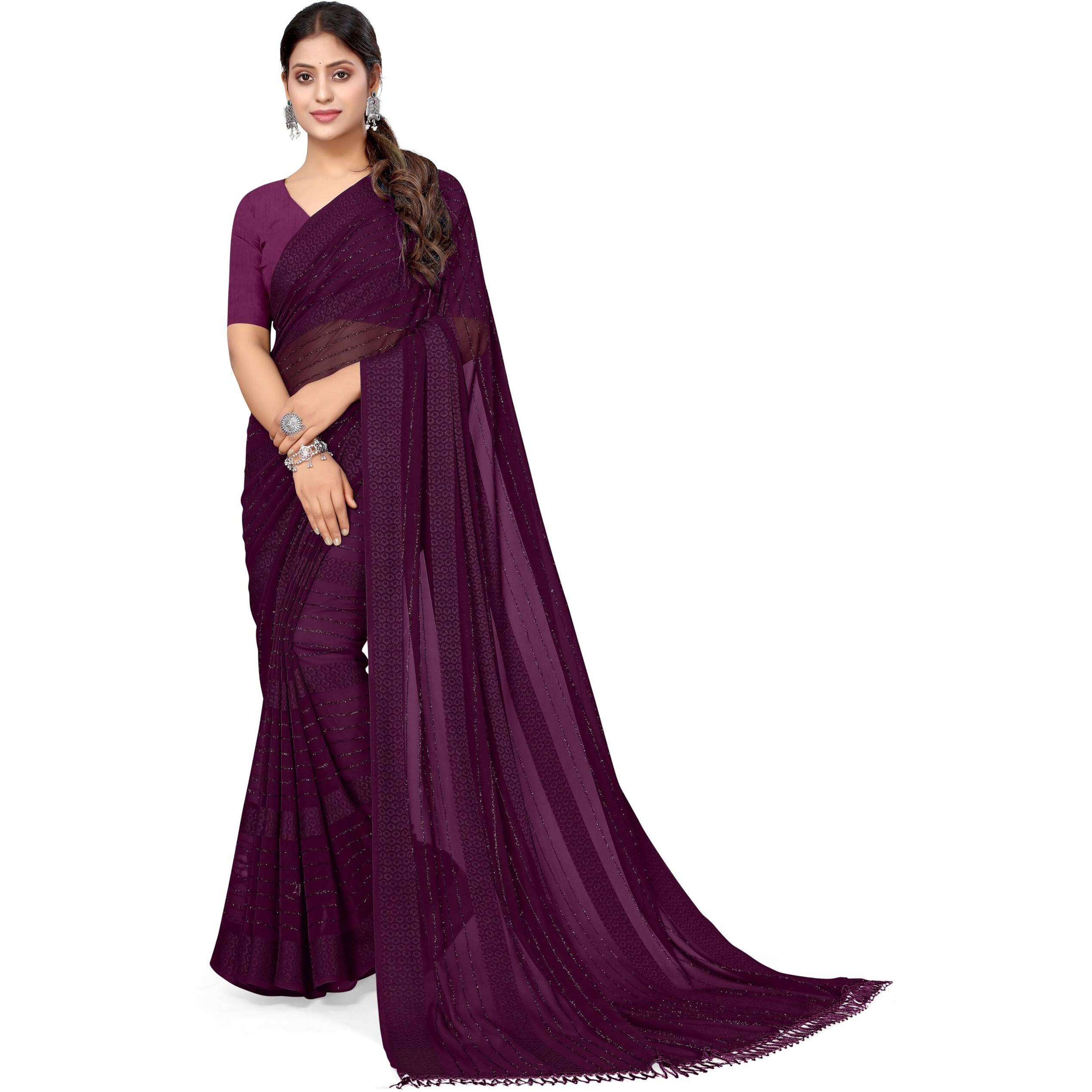 MIRCHI FASHION Womens Georgette Solid Saree with Blouse Piece (Wine)