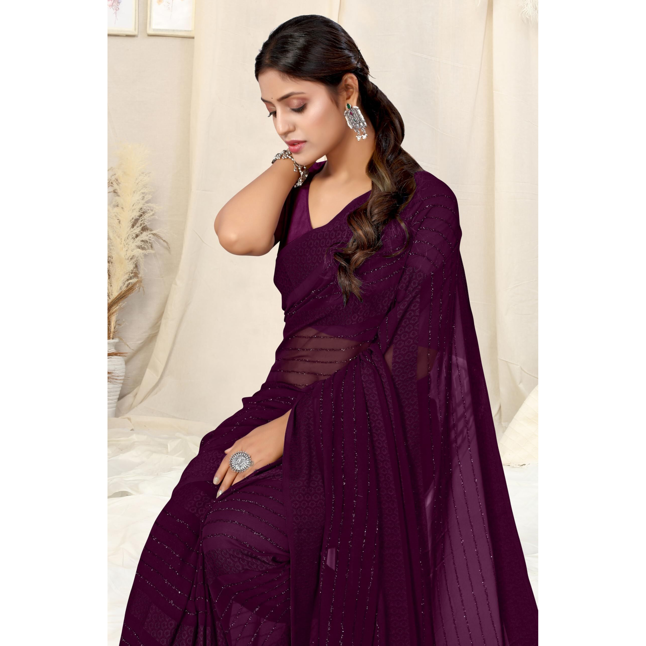 MIRCHI FASHION Womens Georgette Solid Saree with Blouse Piece (Wine)