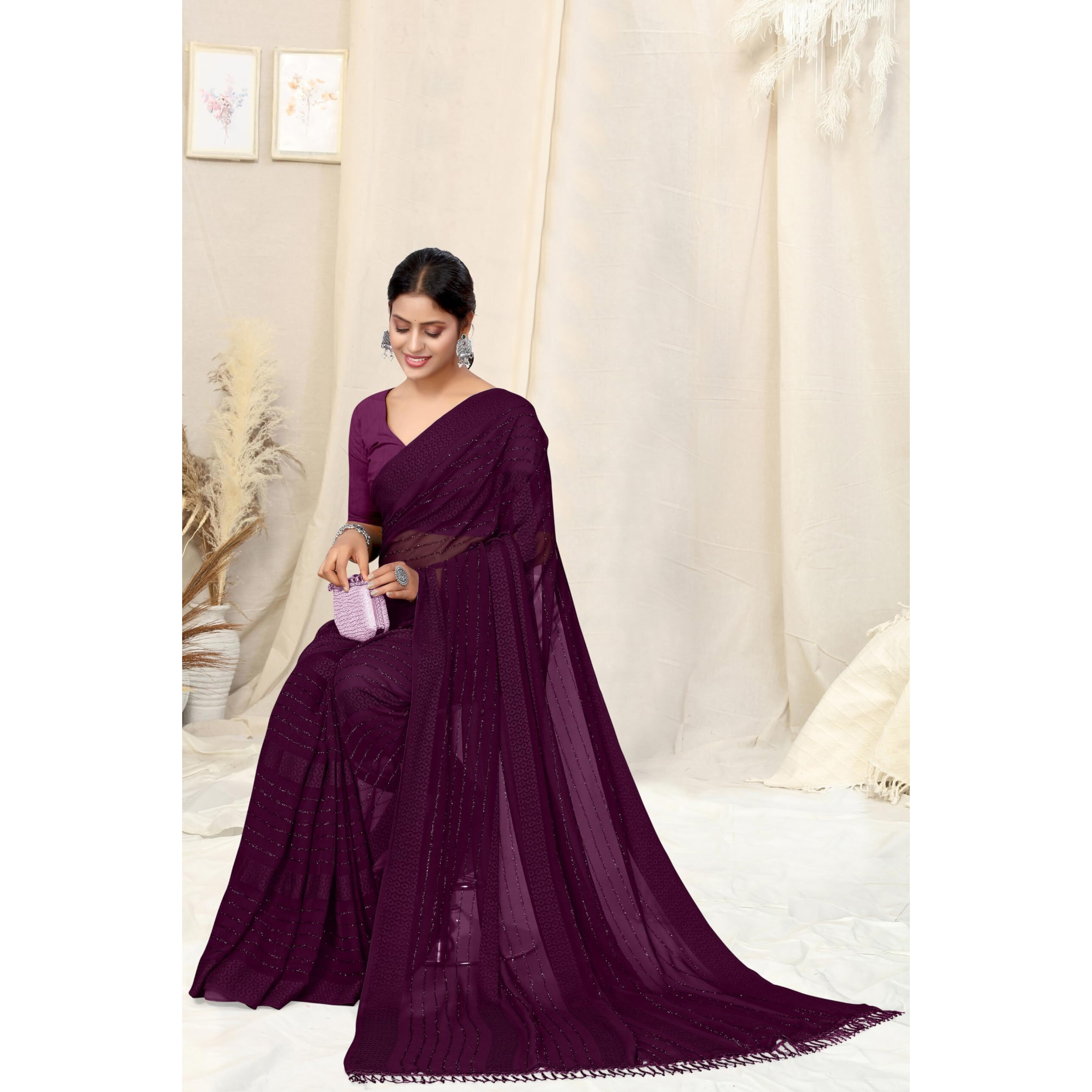 MIRCHI FASHION Womens Georgette Solid Saree with Blouse Piece (Wine)
