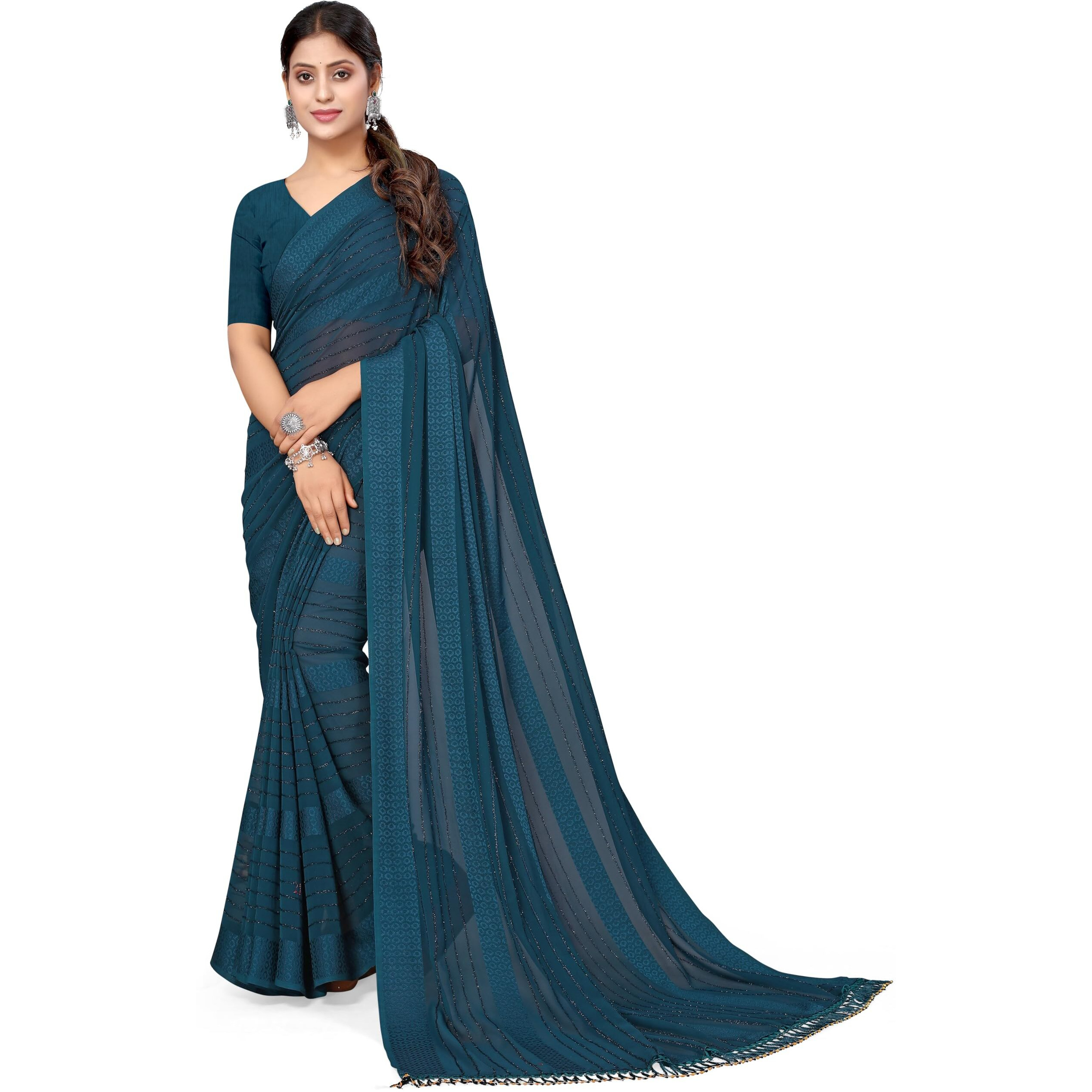 MIRCHI FASHION Womens Georgette Lining Design Solid Saree with Blouse Piece (39712-Peocock Blue)