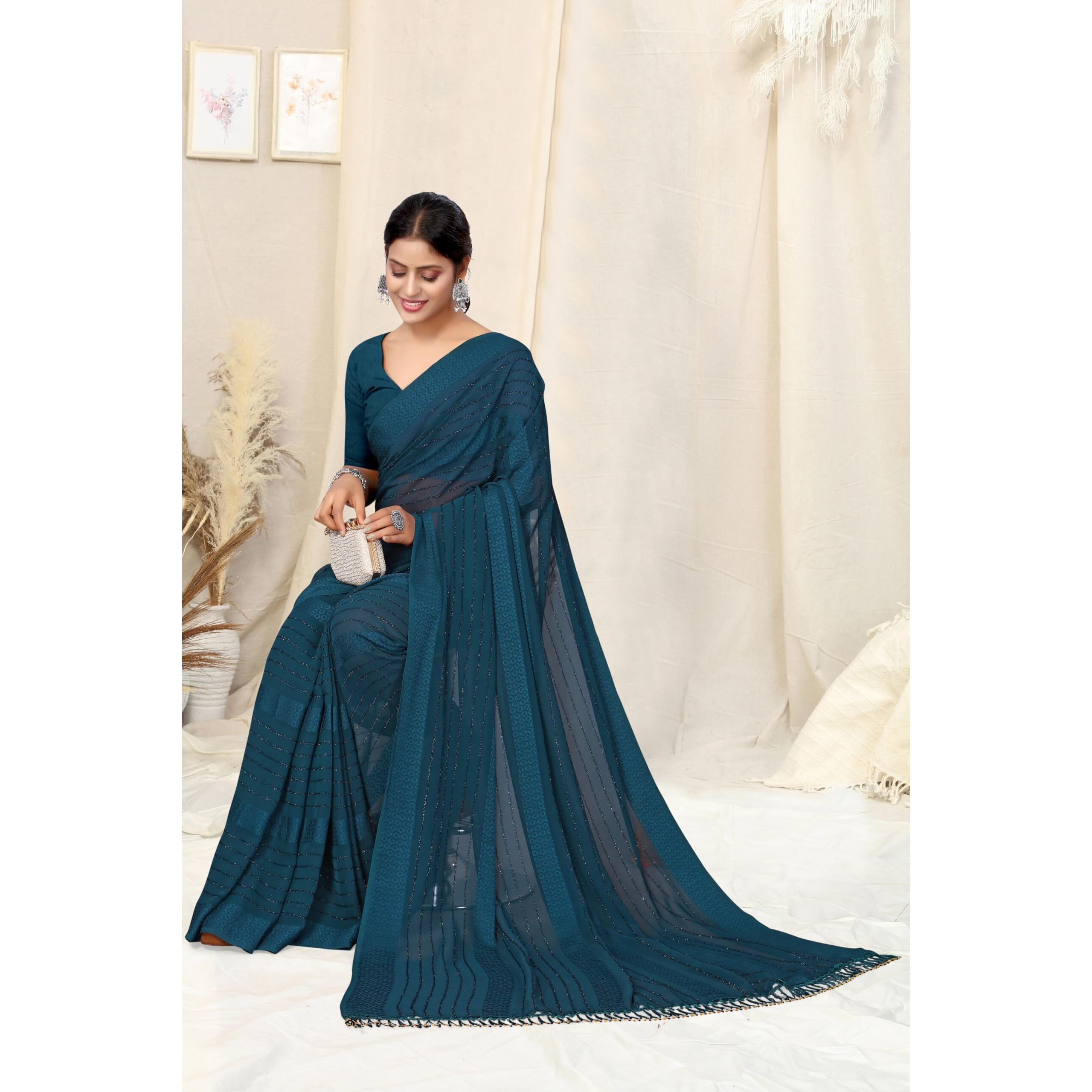MIRCHI FASHION Womens Georgette Lining Design Solid Saree with Blouse Piece (39712-Peocock Blue)