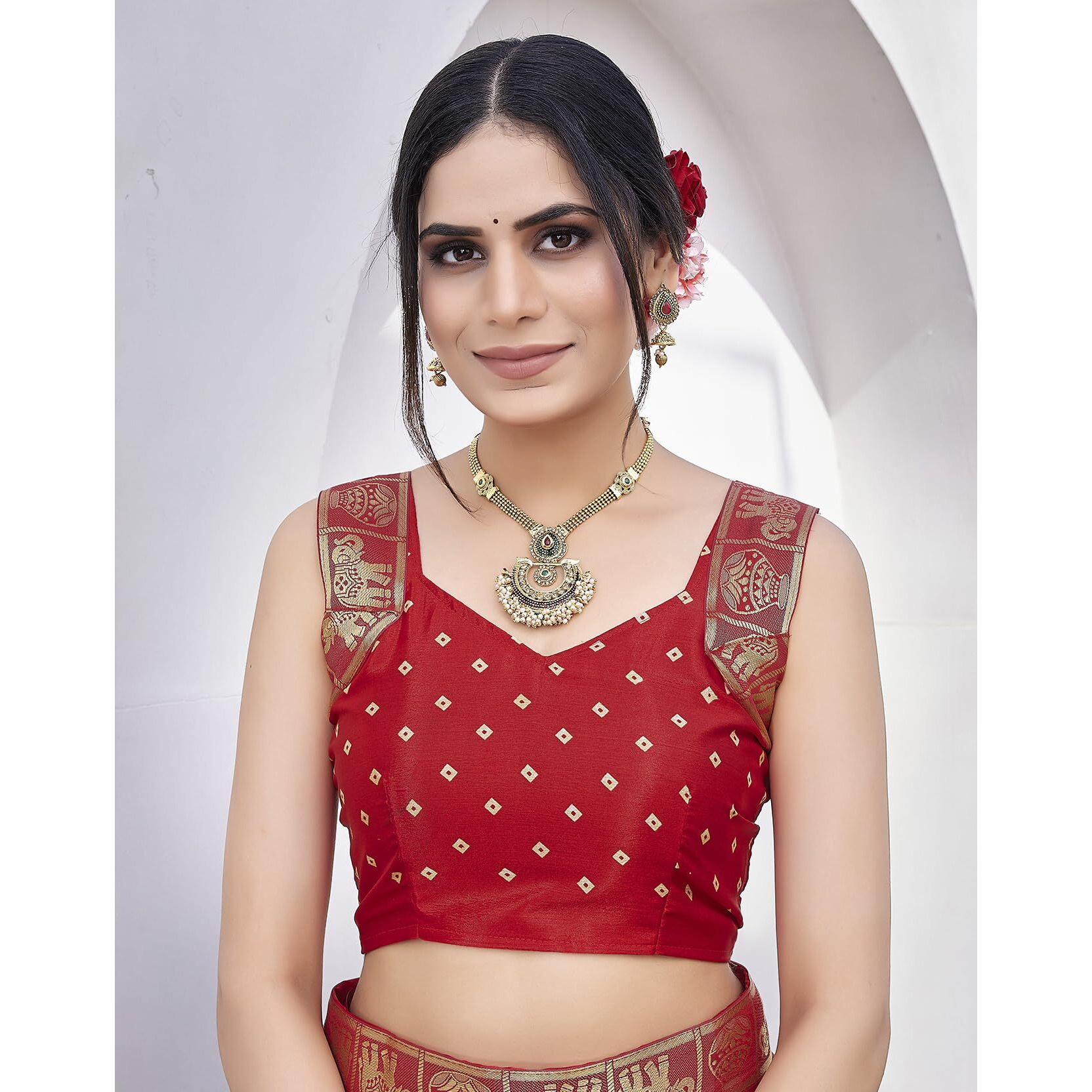 Yashika Womens Magludi Silk Saree Printed Saree With Unstitched Blouse Material - Suitable For All Indian Occasions and Festivals (AZ-YS-OG-RASIYA NAVY RED)