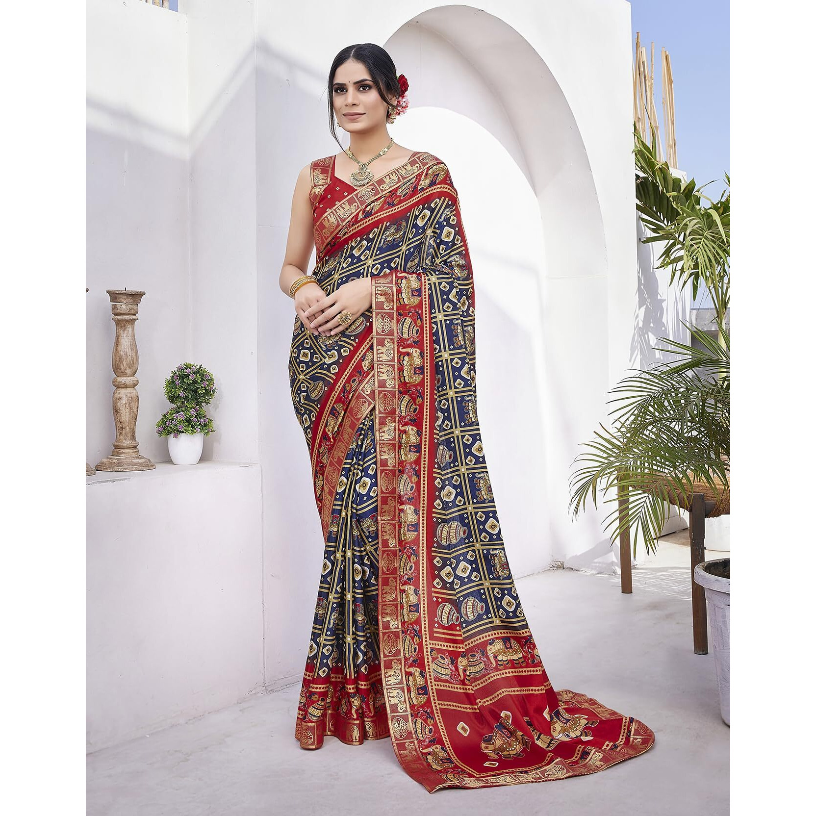 Yashika Womens Magludi Silk Saree Printed Saree With Unstitched Blouse Material - Suitable For All Indian Occasions and Festivals (AZ-YS-OG-RASIYA NAVY RED)