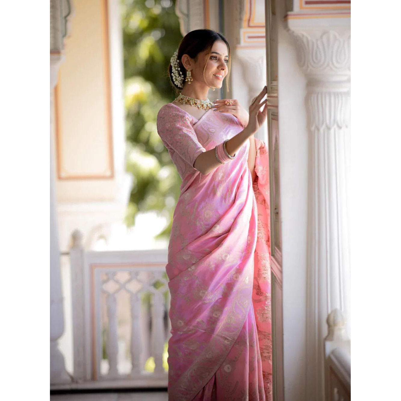 C J Enterprise Womens Banarasi Saree Pure Kanjivaram Silk Saree Soft Design Wear Pattu Sarees Latest Cotton With Blouse Piece Kanchipuram for Wedding sadi new ladies 2023(AlmariFlowrjaal)(BabyPink)