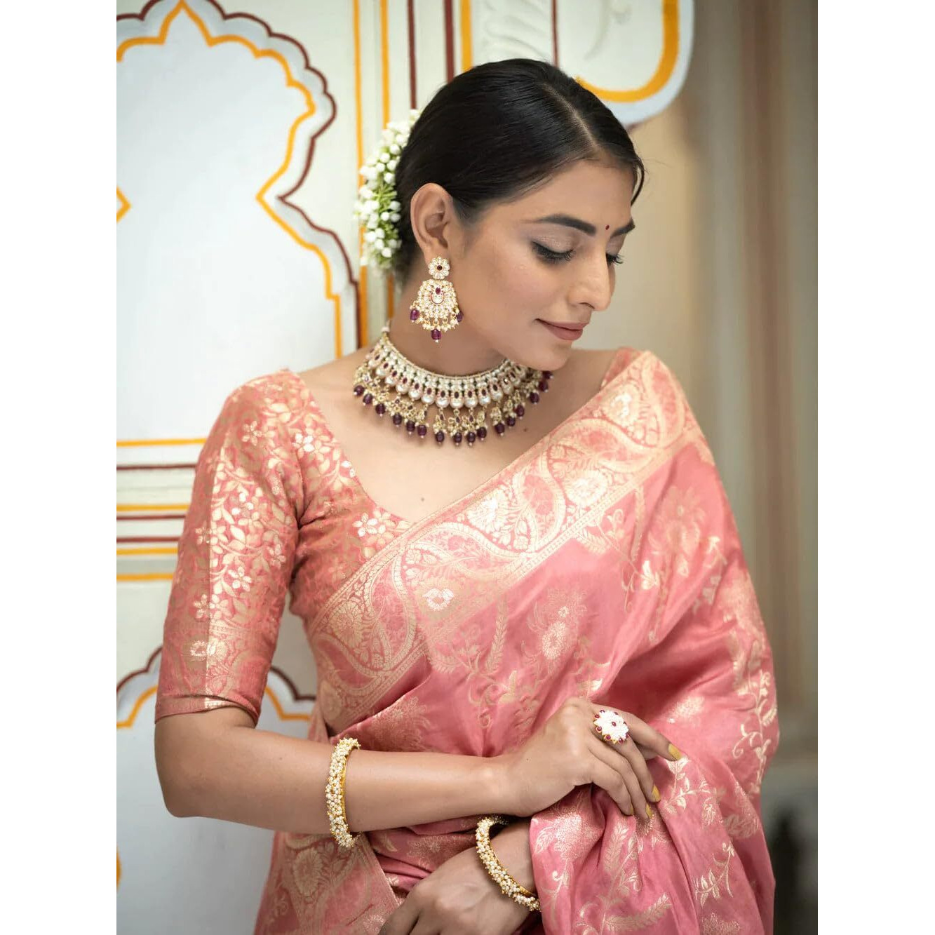 C J Enterprise Womens Pure Kanjivaram Silk Saree Soft Banarasi Design Wear Kanchipuram Pattu Sarees Party Latest Cotton With Blouse Piece for Wedding sadi new Sari 2024 2023 (Almari) (Gajri)
