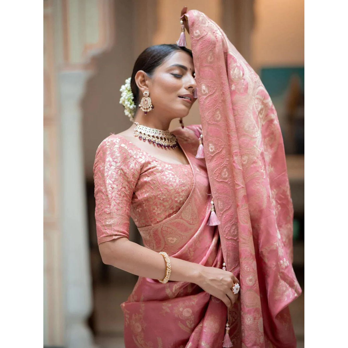 C J Enterprise Womens Pure Kanjivaram Silk Saree Soft Banarasi Design Wear Kanchipuram Pattu Sarees Party Latest Cotton With Blouse Piece for Wedding sadi new Sari 2024 2023 (Almari) (Gajri)