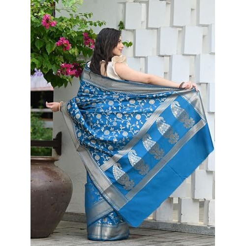 Sugathari Womens Banarasi Saree Pure Kanjivaram Silk Saree Soft new ladies 2023 Design Wear Pattu Sarees Latest Party Sari collections With Blouse Piece for Wedding sadi (SAN PARI-182 FIROZI)