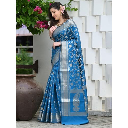 Sugathari Womens Banarasi Saree Pure Kanjivaram Silk Saree Soft new ladies 2023 Design Wear Pattu Sarees Latest Party Sari collections With Blouse Piece for Wedding sadi (SAN PARI-182 FIROZI)