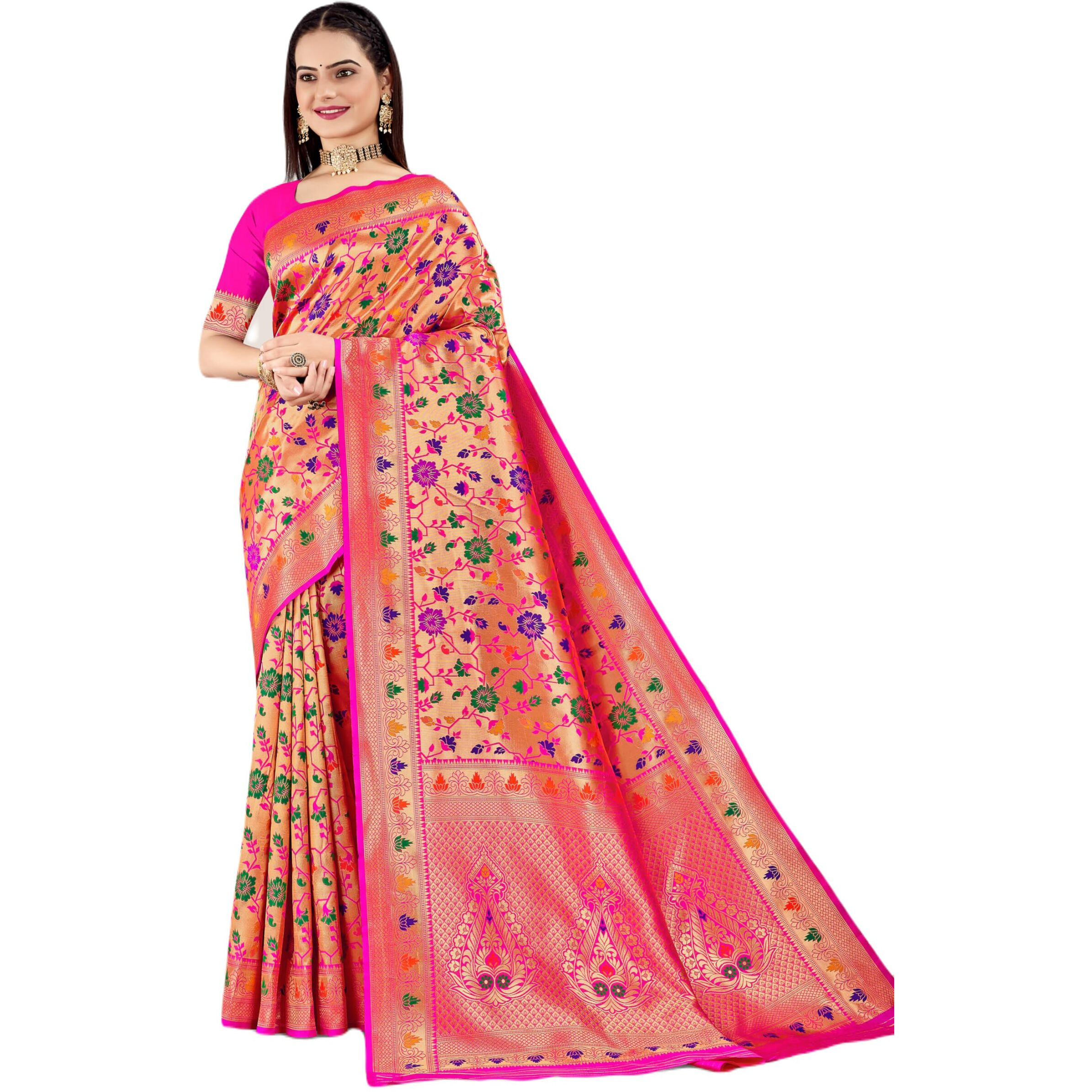 Jaanvi fashion Womens Silk With Zari Work Saree With Blouse Piece(rose-paithani-pink)