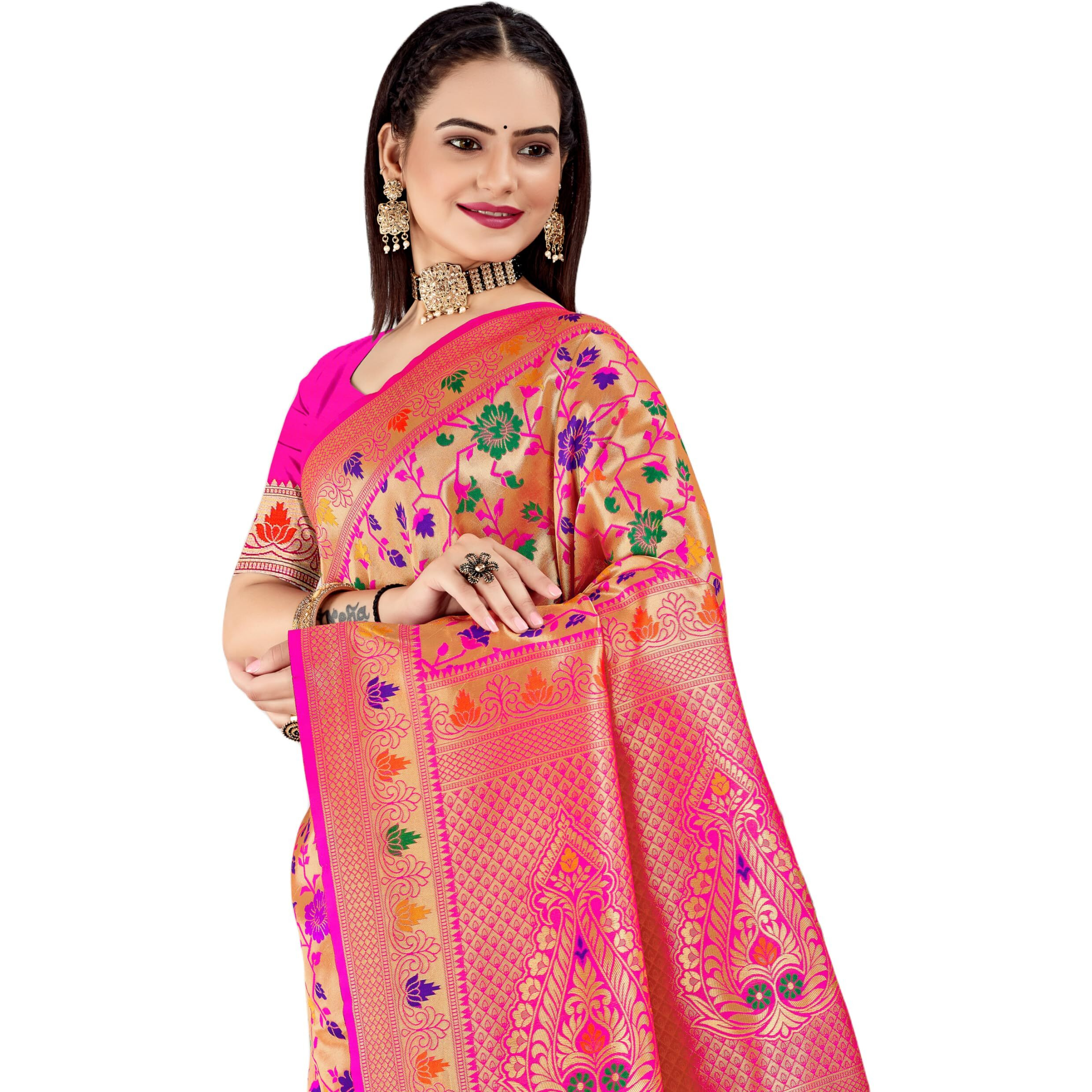 Jaanvi fashion Womens Silk With Zari Work Saree With Blouse Piece(rose-paithani-pink)