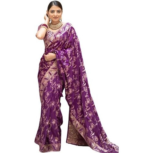 C J Enterprise Womens Banarasi Saree Pure Kanjivaram Silk Saree Soft Design Wear Pattu Sarees Latest Cotton With Blouse Piece Kanchipuram for Wedding sadi new ladies 2023(AlmariFlowrjaal) (Purple)