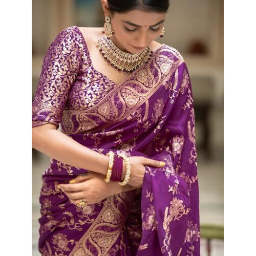 C J Enterprise Womens Banarasi Saree Pure Kanjivaram Silk Saree Soft Design Wear Pattu Sarees Latest Cotton With Blouse Piece Kanchipuram for Wedding sadi new ladies 2023(AlmariFlowrjaal) (Purple)
