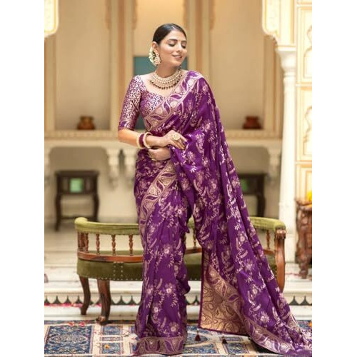 C J Enterprise Womens Banarasi Saree Pure Kanjivaram Silk Saree Soft Design Wear Pattu Sarees Latest Cotton With Blouse Piece Kanchipuram for Wedding sadi new ladies 2023(AlmariFlowrjaal) (Purple)