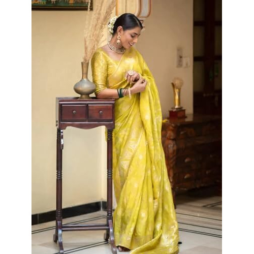 C J Enterprise Womens Pure Kanjivaram Silk Saree Soft Banarasi Design Wear Kanchipuram Pattu Sarees Party Latest Cotton With Blouse Piece for Wedding sadi new Sari 2024 2023 (Almari) (Lemon Yellow)