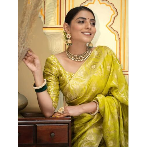 C J Enterprise Womens Pure Kanjivaram Silk Saree Soft Banarasi Design Wear Kanchipuram Pattu Sarees Party Latest Cotton With Blouse Piece for Wedding sadi new Sari 2024 2023 (Almari) (Lemon Yellow)