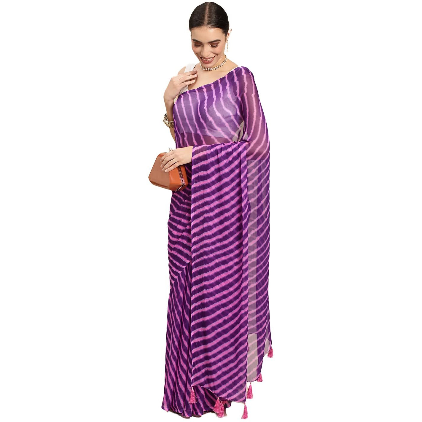 RANI SAAHIBA Womens Chiffon Lehriya Printed Saree Without Blouse (SSKR3650_Purple)