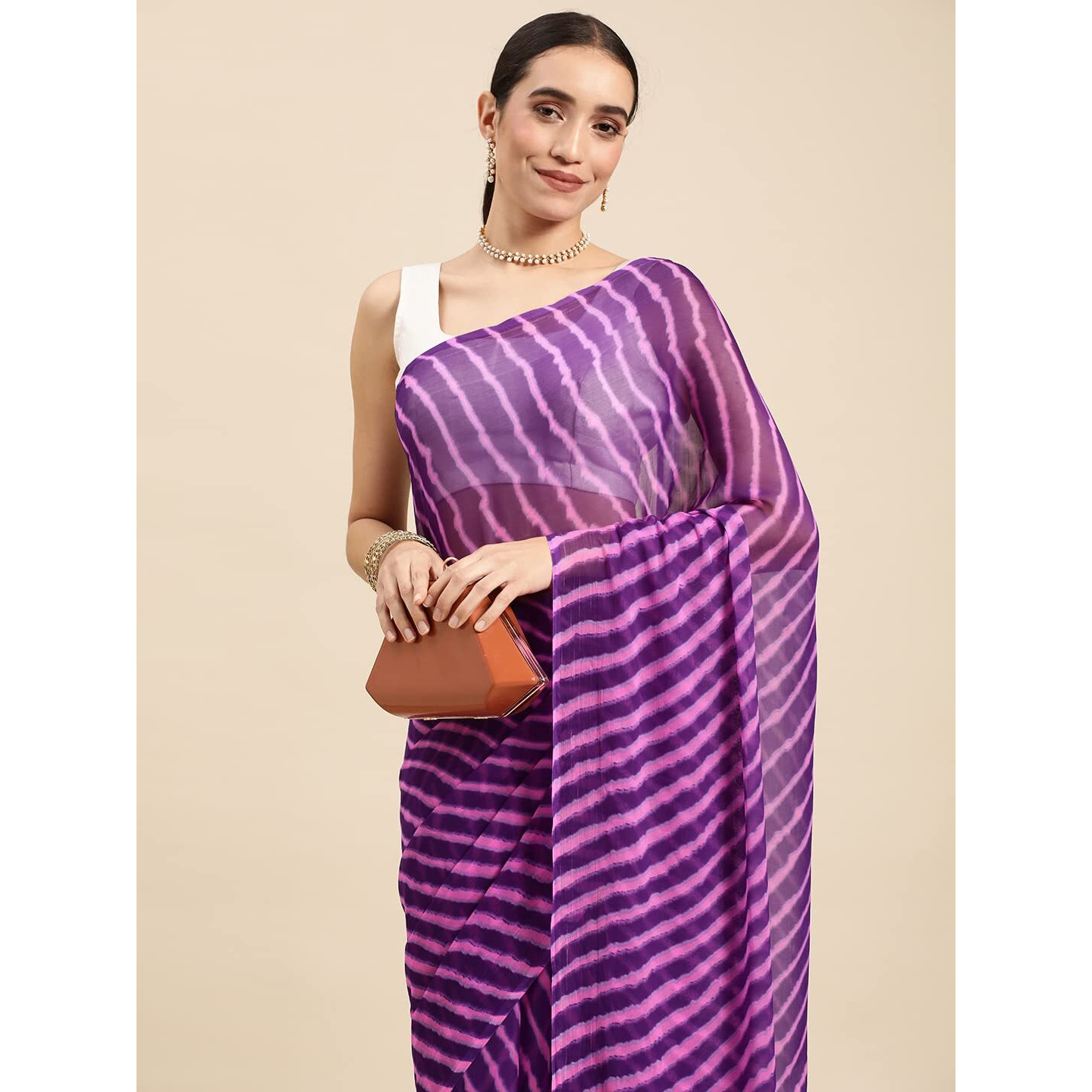 RANI SAAHIBA Womens Chiffon Lehriya Printed Saree Without Blouse (SSKR3650_Purple)