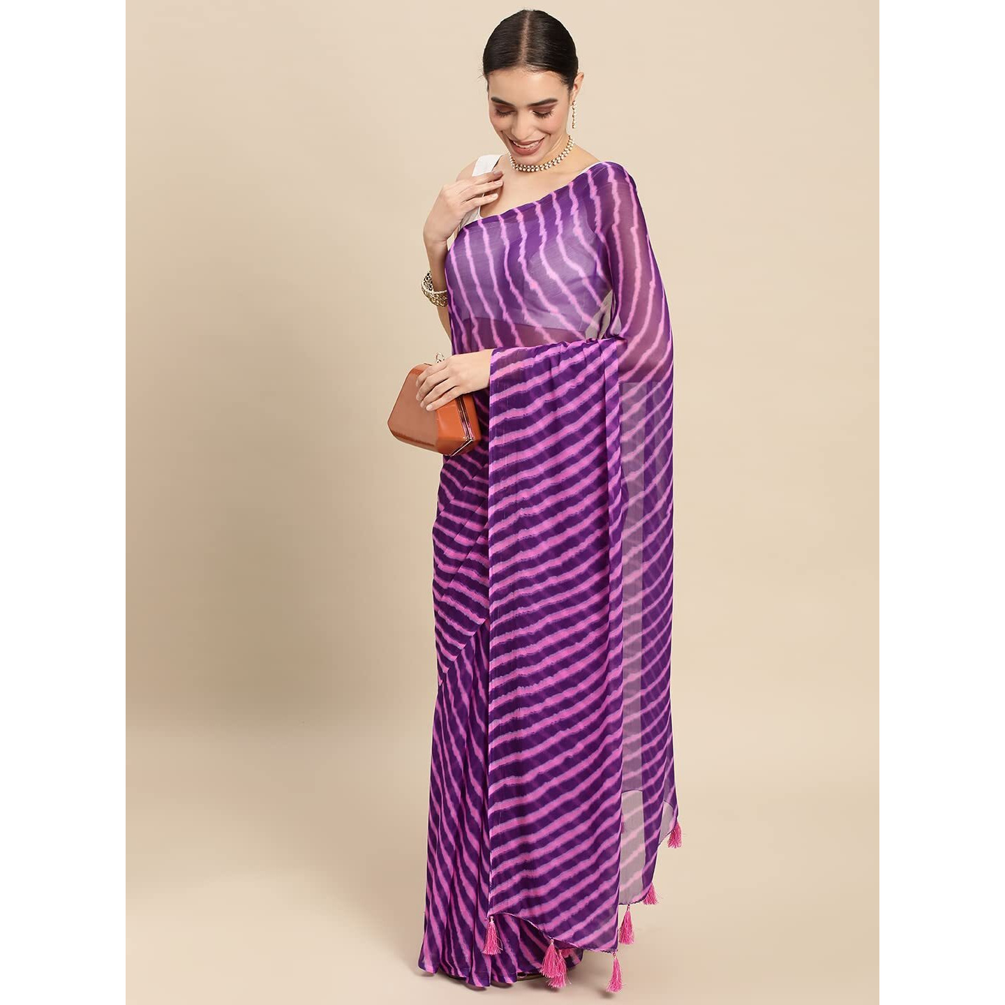 RANI SAAHIBA Womens Chiffon Lehriya Printed Saree Without Blouse (SSKR3650_Purple)