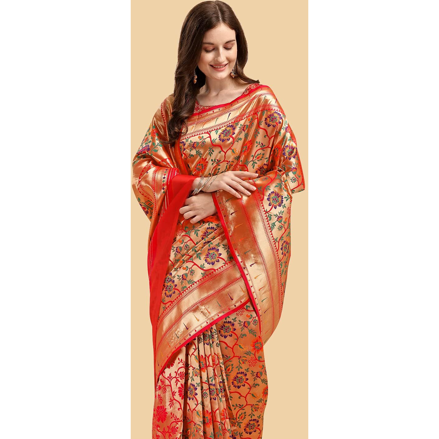 Jaanvi fashion Womens Silk With Zari Work Saree With Blouse Piece(tarang-paithani-red)